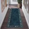Garvee Washable Bordered 2×6 Kitchen Rugs, Distressed Soft Non Slip Hallway Runner Rug, Indoor Modern Low Pile Throw Carpet Runner for Bedroom Laundry Bathroom, Stain Resistant Floor Rug, Brown(Geometric|blue Teal)