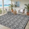 Garvee Outdoor Rugs 5×8 Waterproof Reversible Mat Boho Leaf Patio Rug with 4 Stakes and Starage Bag, Large Outdoor RV Mat Rugs for Camping, Picnic, Balcony, Deck, Backyard, Navy Blue & White(Grey & White)