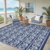 Garvee Outdoor Rugs 5×8 Waterproof Reversible Mat Boho Leaf Patio Rug with 4 Stakes and Starage Bag, Large Outdoor RV Mat Rugs for Camping, Picnic, Balcony, Deck, Backyard, Navy Blue & White(Navy Blue & White)