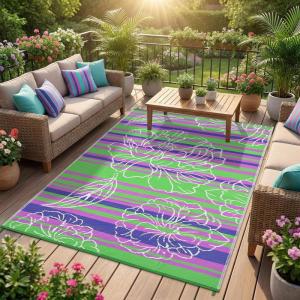 Garvee 5×8 Outdoor Waterproof Rug, Floral Outdoor Area Rug，Reversible Plastic Straw Patio Rug, Portable Camping Mat for RV, Picnic, Beach, Balcony, Garden & Camping Orange(Green)
