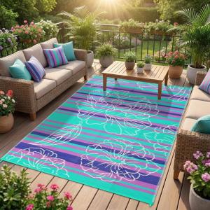 Garvee 5×8 Outdoor Waterproof Rug, Floral Outdoor Area Rug，Reversible Plastic Straw Patio Rug, Portable Camping Mat for RV, Picnic, Beach, Balcony, Garden & Camping Orange(Purpleblue)