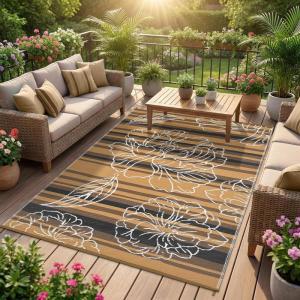 Garvee 5×8 Outdoor Waterproof Rug, Floral Outdoor Area Rug，Reversible Plastic Straw Patio Rug, Portable Camping Mat for RV, Picnic, Beach, Balcony, Garden & Camping Orange(Blackbrown)