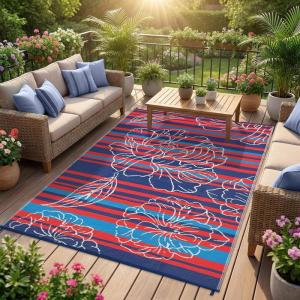 Garvee 5×8 Outdoor Waterproof Rug, Floral Outdoor Area Rug，Reversible Plastic Straw Patio Rug, Portable Camping Mat for RV, Picnic, Beach, Balcony, Garden & Camping Orange(Rednavy)