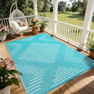 Garvee 6×9 Area Rugs Plastic Reversible Patio Rugs Outdoor Waterproof Easy-Cleaning Large Floor Mat for Outdoors Backyard Porch RV Beach Picnic Terracotta White(Light Blue White)