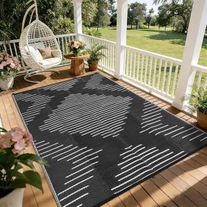 Garvee 6×9 Area Rugs Plastic Reversible Patio Rugs Outdoor Waterproof Easy-Cleaning Large Floor Mat for Outdoors Backyard Porch RV Beach Picnic Terracotta White(Black White)