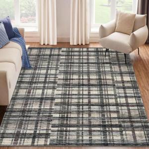 Garvee 8×10 Washable Rugs for Living Room, Geometric Checkered Area Rug Modern Distressed Indoor Mat Low Pile Neutral Soft Carpet Non Slip Stain Resistant Rug for Bedroom, Office, Nursery, Black(Plaid|dark Green)