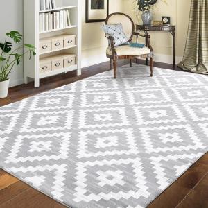 Garvee 8×10 Washable Rugs for Living Room, Geometric Checkered Area Rug Modern Distressed Indoor Mat Low Pile Neutral Soft Carpet Non Slip Stain Resistant Rug for Bedroom, Office, Nursery, Black(Trellis|grey)