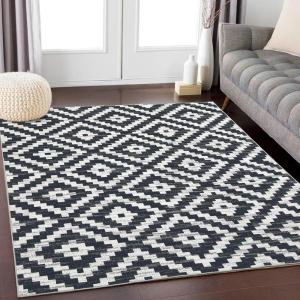 Garvee 8×10 Washable Rugs for Living Room, Geometric Checkered Area Rug Modern Distressed Indoor Mat Low Pile Neutral Soft Carpet Non Slip Stain Resistant Rug for Bedroom, Office, Nursery, Black(Trellis|black)