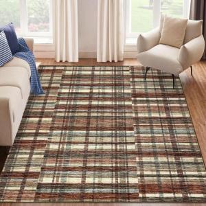 Garvee 8×10 Washable Rugs for Living Room, Geometric Checkered Area Rug Modern Distressed Indoor Mat Low Pile Neutral Soft Carpet Non Slip Stain Resistant Rug for Bedroom, Office, Nursery, Black(Plaid|red)