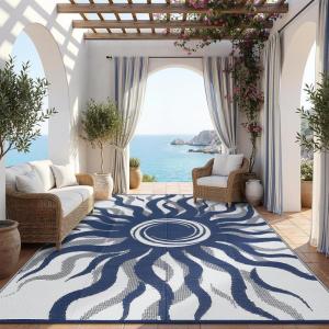 Garvee Outdoor Rug 5×8 Waterproof Patio Rugs with Boho Sun Pattern, Reversible Plastic Straw Camping Rugs Outdoor Indoor RV Mat Carpet for Deck, Backyard, Picnic, Porch, Balcony, Beach, Orange(Navy Blue)