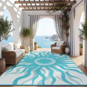 Garvee Outdoor Rug 5×8 Waterproof Patio Rugs with Boho Sun Pattern, Reversible Plastic Straw Camping Rugs Outdoor Indoor RV Mat Carpet for Deck, Backyard, Picnic, Porch, Balcony, Beach, Orange(Light Blue)