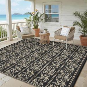 Garvee Outdoor Rugs 5×8 Waterproof Reversible Mat Boho Leaf Patio Rug with 4 Stakes and Starage Bag, Large Outdoor RV Mat Rugs for Camping, Picnic, Balcony, Deck, Backyard, Navy Blue & White(Black & Brown)