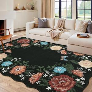 Garvee Scalloped Machine Washable Rugs 9×12 Large Area Rug for Living Room, Bedroom, Low Pile Non-Slip Flower Accent Carpet Neutral Soft Stain Resistant Rug for Dining Room, Office, Nursery, Black