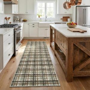 Garvee Washable Area Rugs 9×12 Living Room Rug Tartan Plaid Non Slip Soft Bedroom Rugs Farmhouse Low Pile Foldable Large Rug Stain Resistant Carpet for Nursery Dining Room Classroom, Beige(Plaid|celadon&coffee)