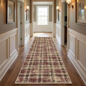 Garvee Washable Area Rugs 9×12 Living Room Rug Tartan Plaid Non Slip Soft Bedroom Rugs Farmhouse Low Pile Foldable Large Rug Stain Resistant Carpet for Nursery Dining Room Classroom, Beige(Plaid|red)