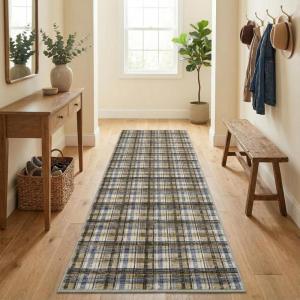 Garvee Washable Area Rugs 9×12 Living Room Rug Tartan Plaid Non Slip Soft Bedroom Rugs Farmhouse Low Pile Foldable Large Rug Stain Resistant Carpet for Nursery Dining Room Classroom, Beige(Plaid|blue&camel)