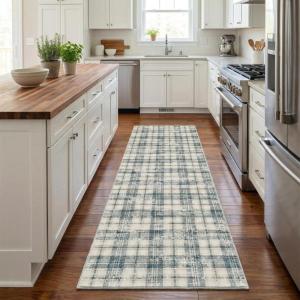 Garvee Washable Area Rugs 9×12 Living Room Rug Tartan Plaid Non Slip Soft Bedroom Rugs Farmhouse Low Pile Foldable Large Rug Stain Resistant Carpet for Nursery Dining Room Classroom, Beige(Plaid|blue&beige)