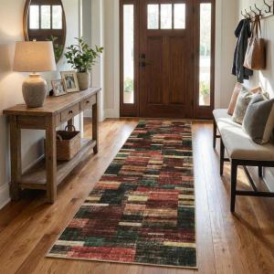 Garvee Washable Area Rugs 9×12 Living Room Rug Tartan Plaid Non Slip Soft Bedroom Rugs Farmhouse Low Pile Foldable Large Rug Stain Resistant Carpet for Nursery Dining Room Classroom, Beige(Red)