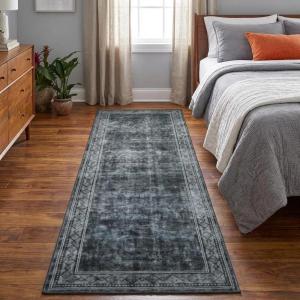 Garvee Washable Bordered 2×6 Kitchen Rugs, Distressed Soft Non Slip Hallway Runner Rug, Indoor Modern Low Pile Throw Carpet Runner for Bedroom Laundry Bathroom, Stain Resistant Floor Rug, Brown(Geometric|grey)