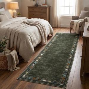 Garvee Washable Bordered 2×6 Kitchen Rugs, Distressed Soft Non Slip Hallway Runner Rug, Indoor Modern Low Pile Throw Carpet Runner for Bedroom Laundry Bathroom, Stain Resistant Floor Rug, Brown(Geometric|brown)