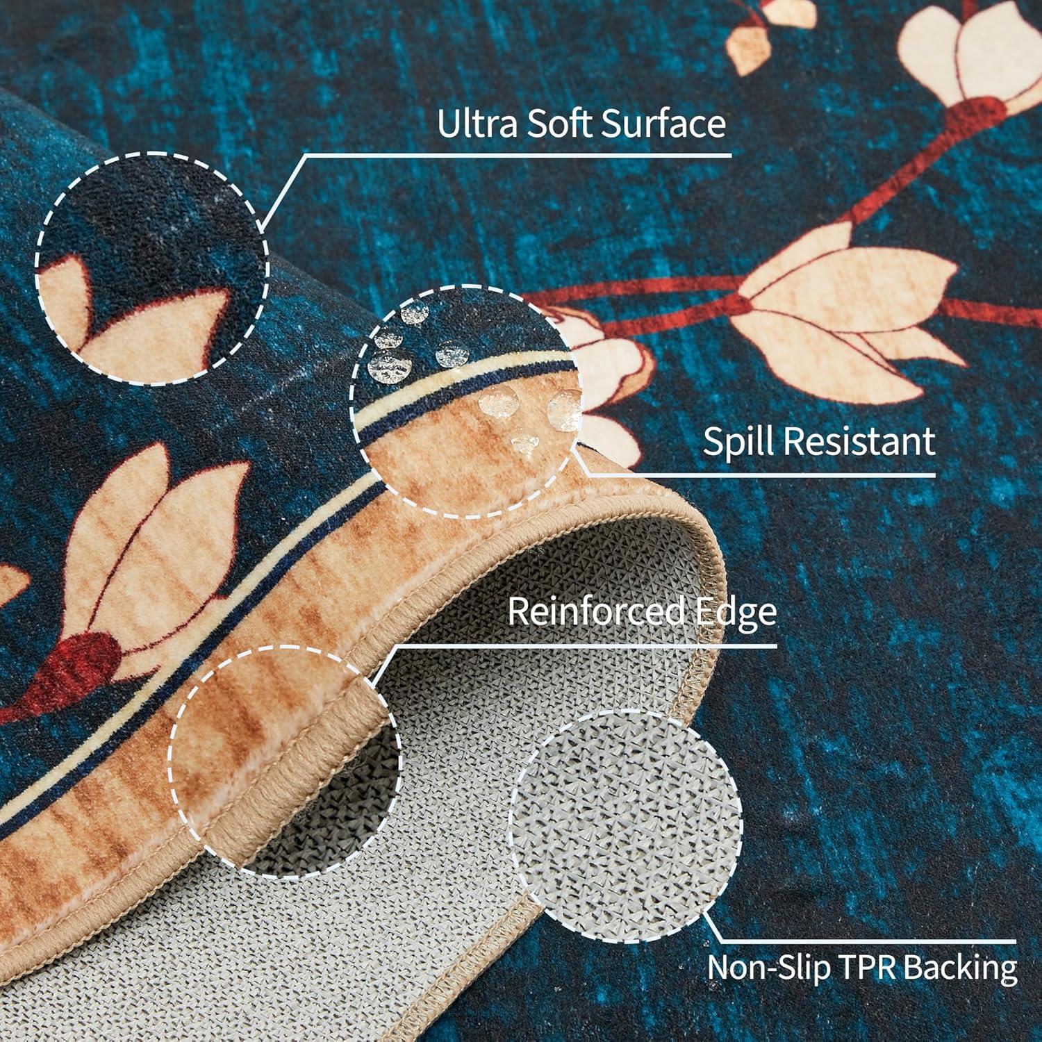 image:imageGarvee 9x12 Area Rug for Living Room Vintage Floral Rug Washable Non Slip amp Low Pile Carpet for Living Room Bedroom Dining Room GreyBlue