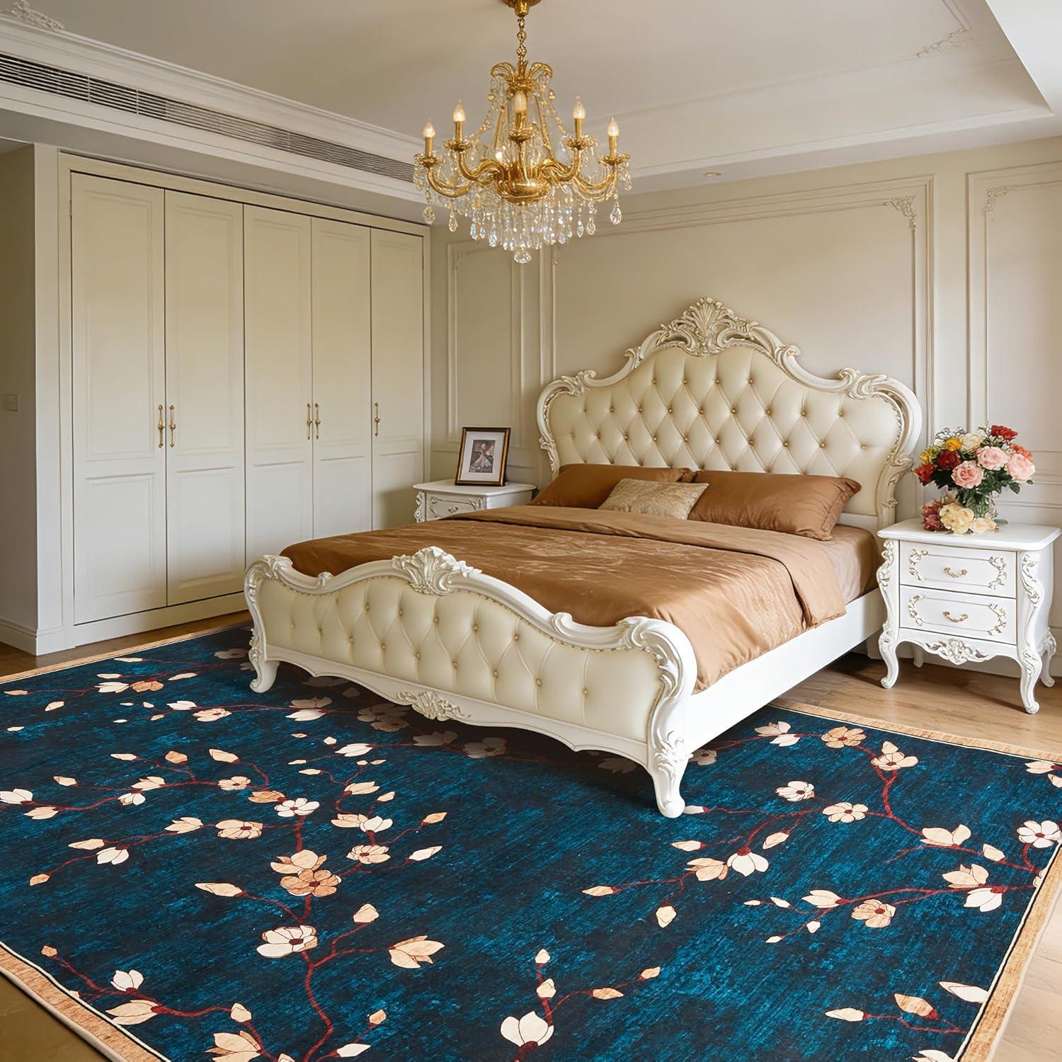 image:imageGarvee 9x12 Area Rug for Living Room Vintage Floral Rug Washable Non Slip amp Low Pile Carpet for Living Room Bedroom Dining Room GreyBlue