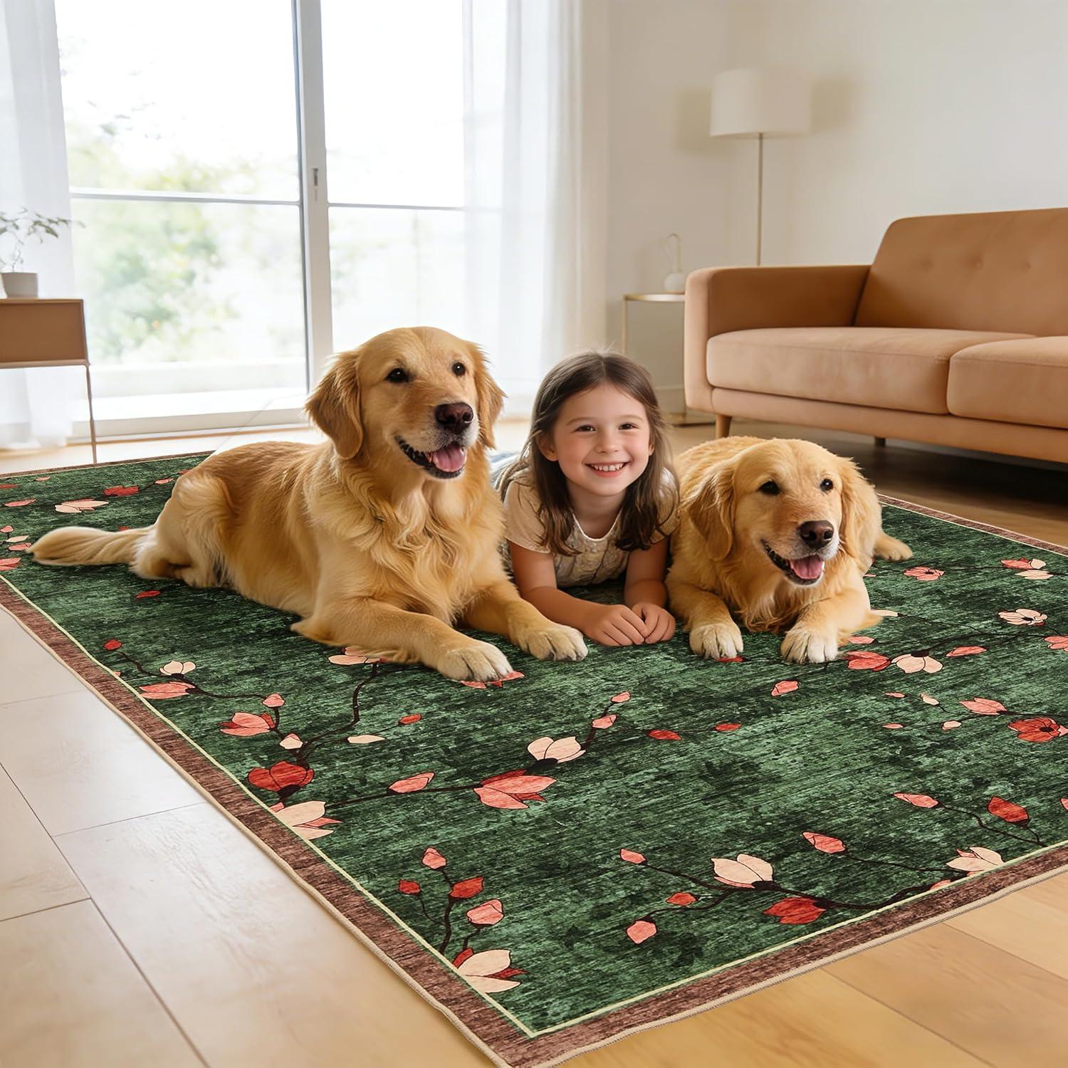 image:imageGarvee 9x12 Area Rug for Living Room Vintage Floral Rug Washable Non Slip amp Low Pile Carpet for Living Room Bedroom Dining Room GreyDark Green