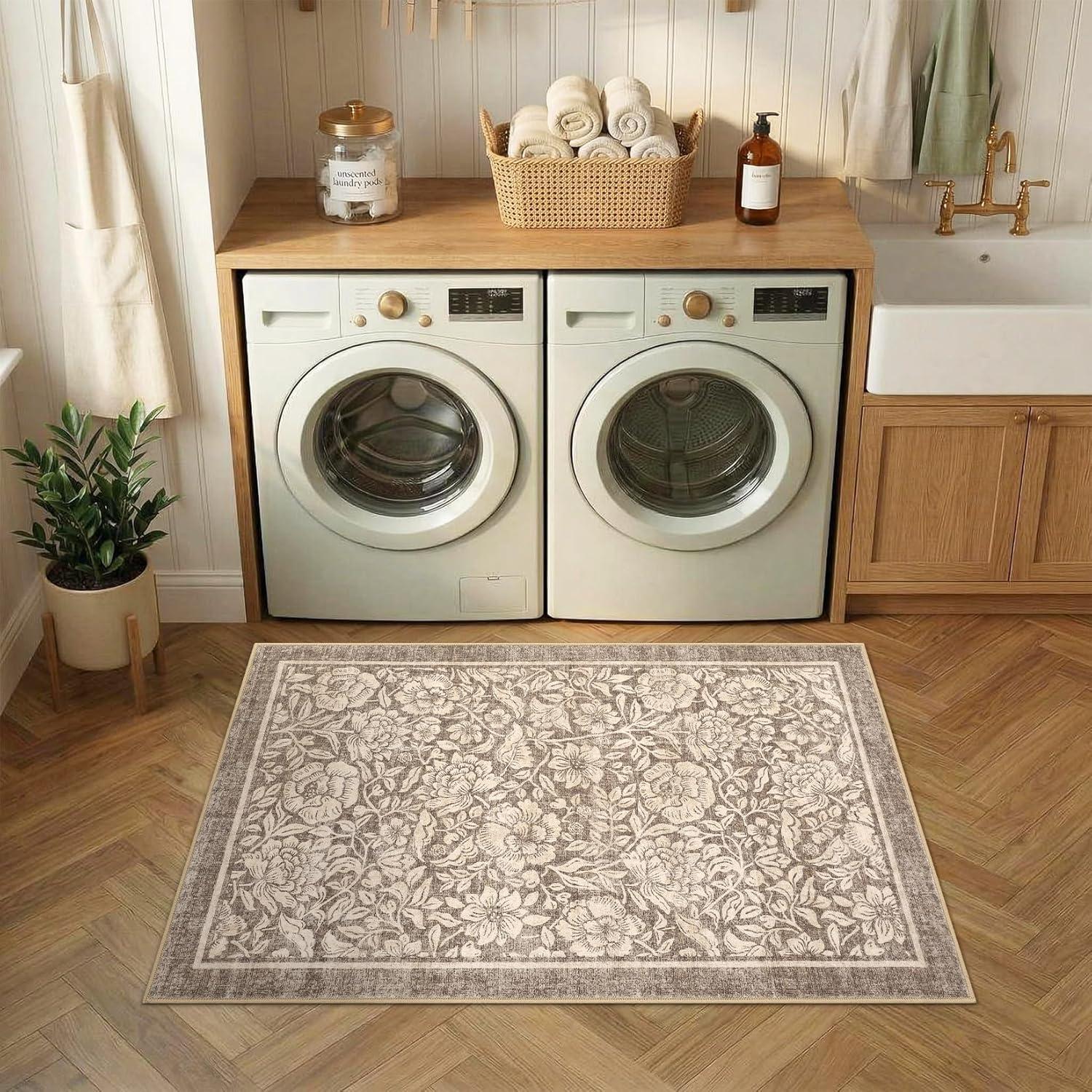 image:imageGarvee Blue Floral 2x6 Runner Rug Washable Boho NonSlip Runner Rugs for Kitchen Vintage Flower Soft Low Pile Kitchen Rugs for Hallway Girls Room Kids Room playroom DormBrown