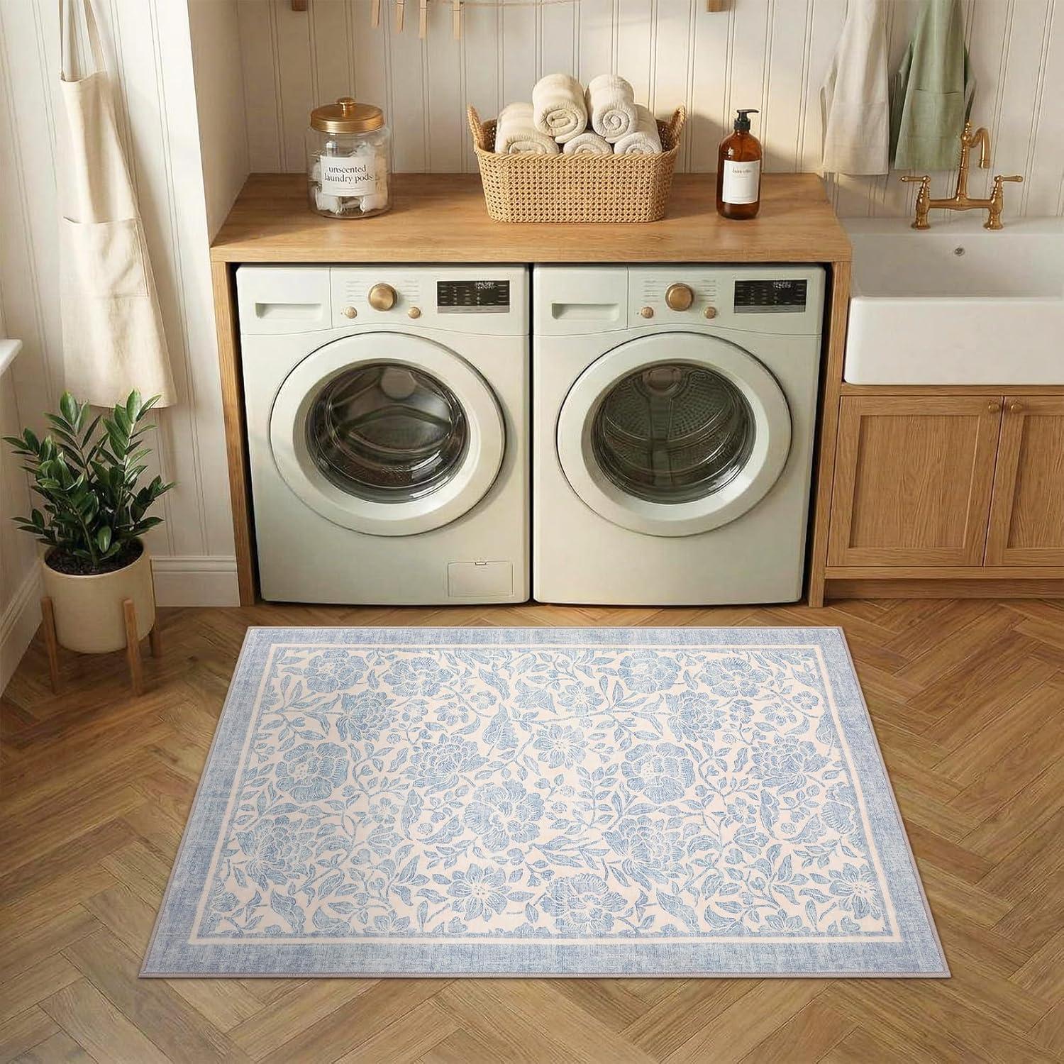 image:imageGarvee Blue Floral 2x6 Runner Rug Washable Boho NonSlip Runner Rugs for Kitchen Vintage Flower Soft Low Pile Kitchen Rugs for Hallway Girls Room Kids Room playroom DormBlue