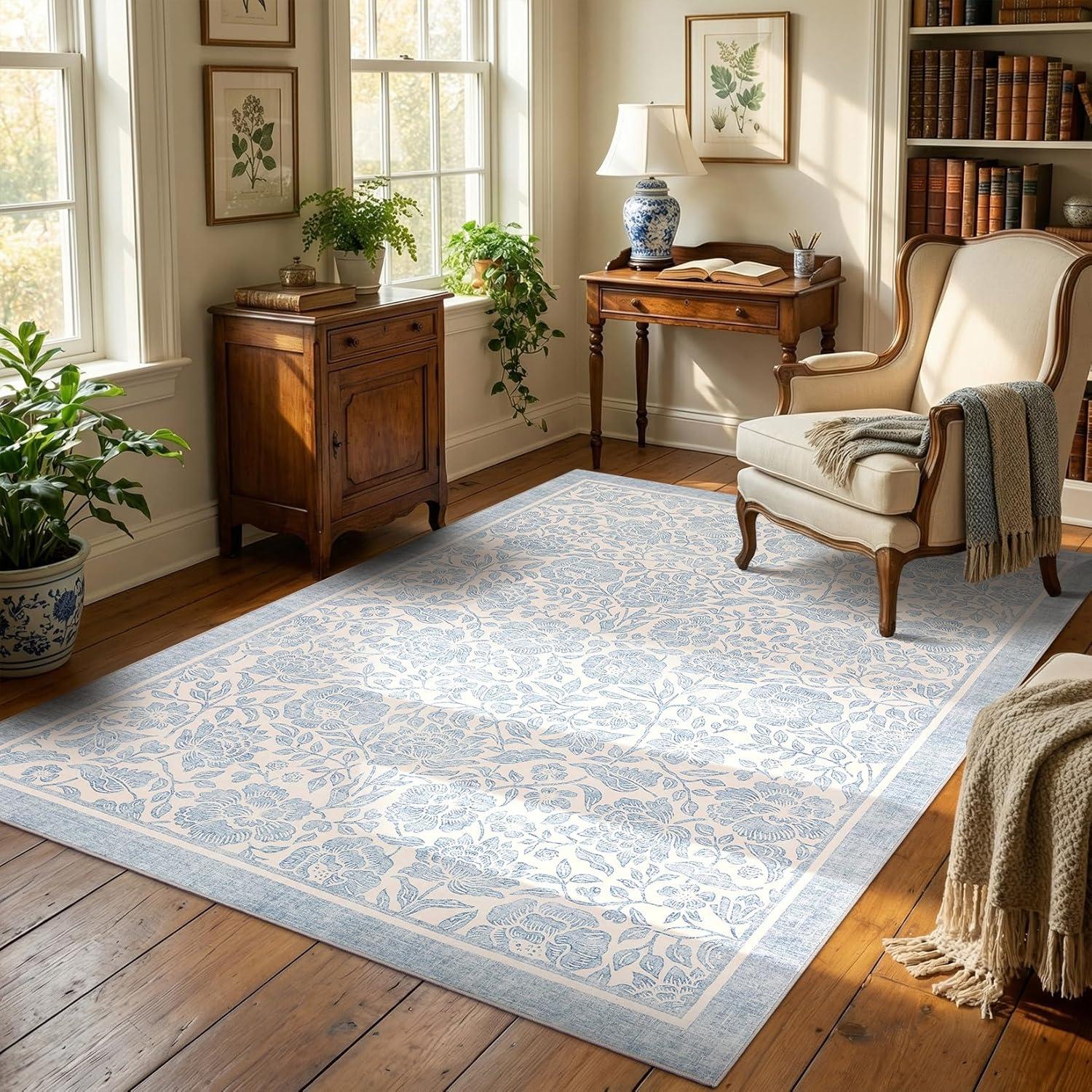 image:imageGarvee Blue Floral 2x6 Runner Rug Washable Boho NonSlip Runner Rugs for Kitchen Vintage Flower Soft Low Pile Kitchen Rugs for Hallway Girls Room Kids Room playroom DormBlue