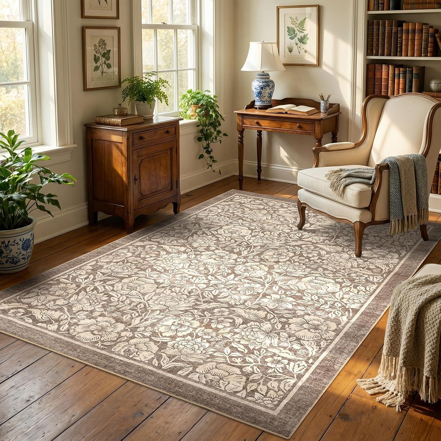 image:imageGarvee Blue Floral 2x6 Runner Rug Washable Boho NonSlip Runner Rugs for Kitchen Vintage Flower Soft Low Pile Kitchen Rugs for Hallway Girls Room Kids Room playroom DormBrown