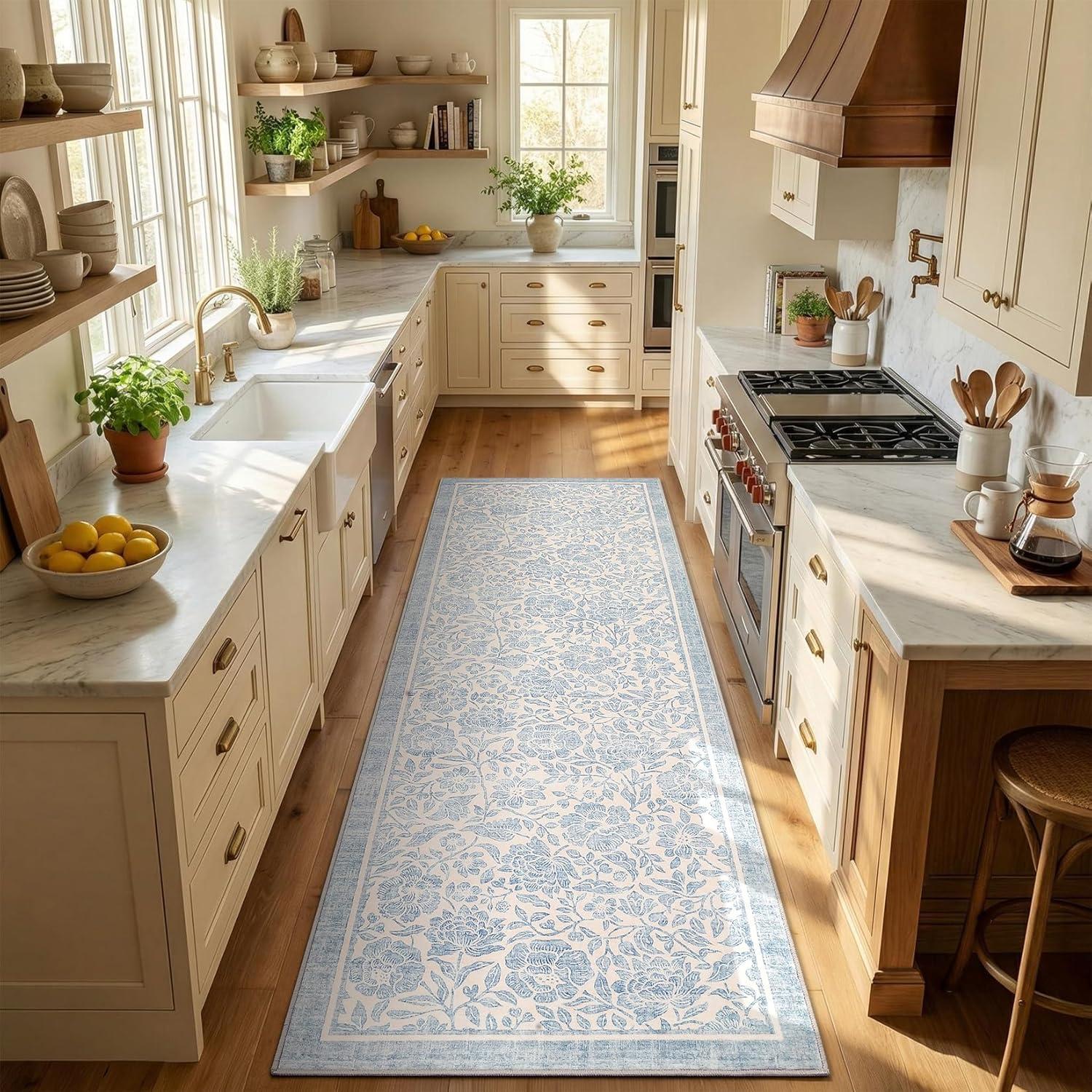 image:imageGarvee Blue Floral 2x6 Runner Rug Washable Boho NonSlip Runner Rugs for Kitchen Vintage Flower Soft Low Pile Kitchen Rugs for Hallway Girls Room Kids Room playroom DormBlue