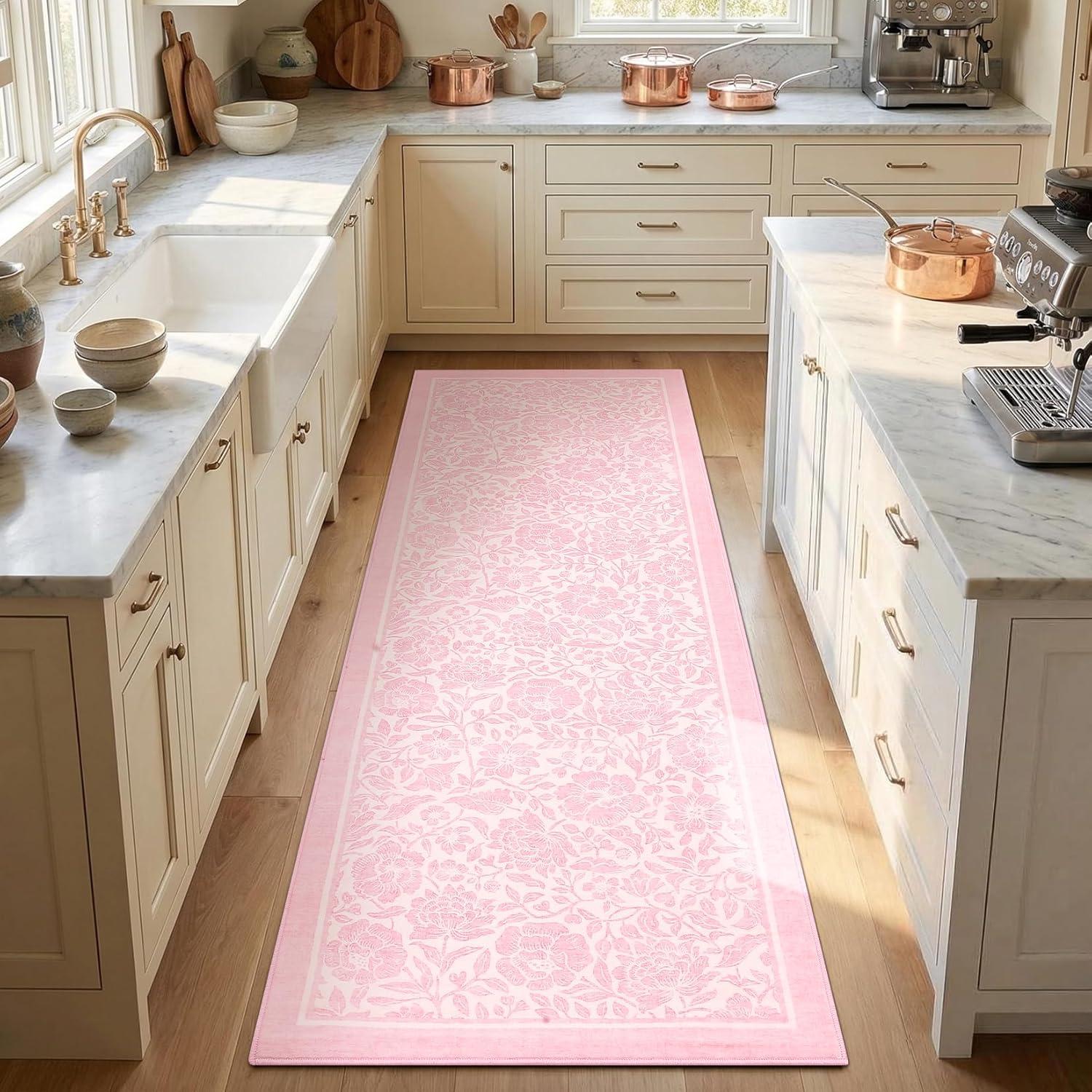 image:imageGarvee Blue Floral 2x6 Runner Rug Washable Boho NonSlip Runner Rugs for Kitchen Vintage Flower Soft Low Pile Kitchen Rugs for Hallway Girls Room Kids Room playroom DormPink