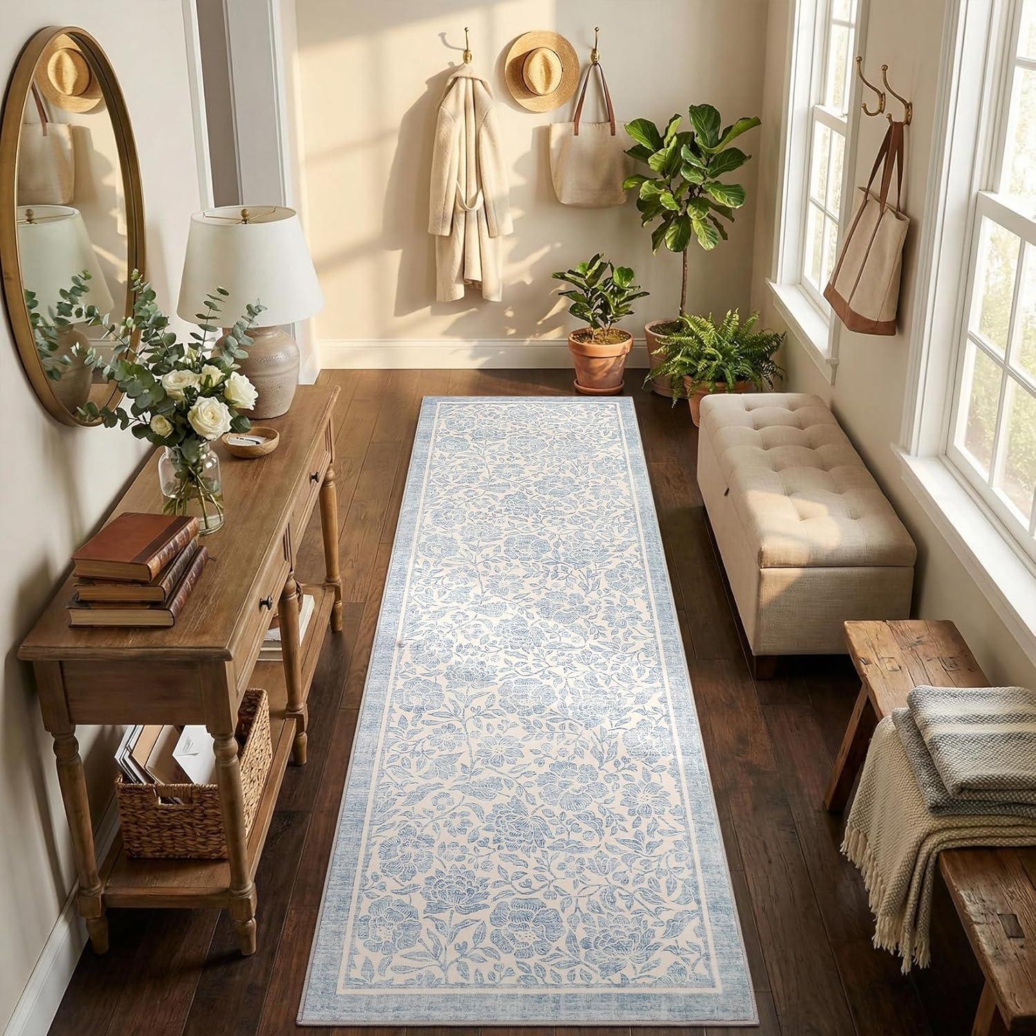 image:imageGarvee Blue Floral 2x6 Runner Rug Washable Boho NonSlip Runner Rugs for Kitchen Vintage Flower Soft Low Pile Kitchen Rugs for Hallway Girls Room Kids Room playroom DormBlue