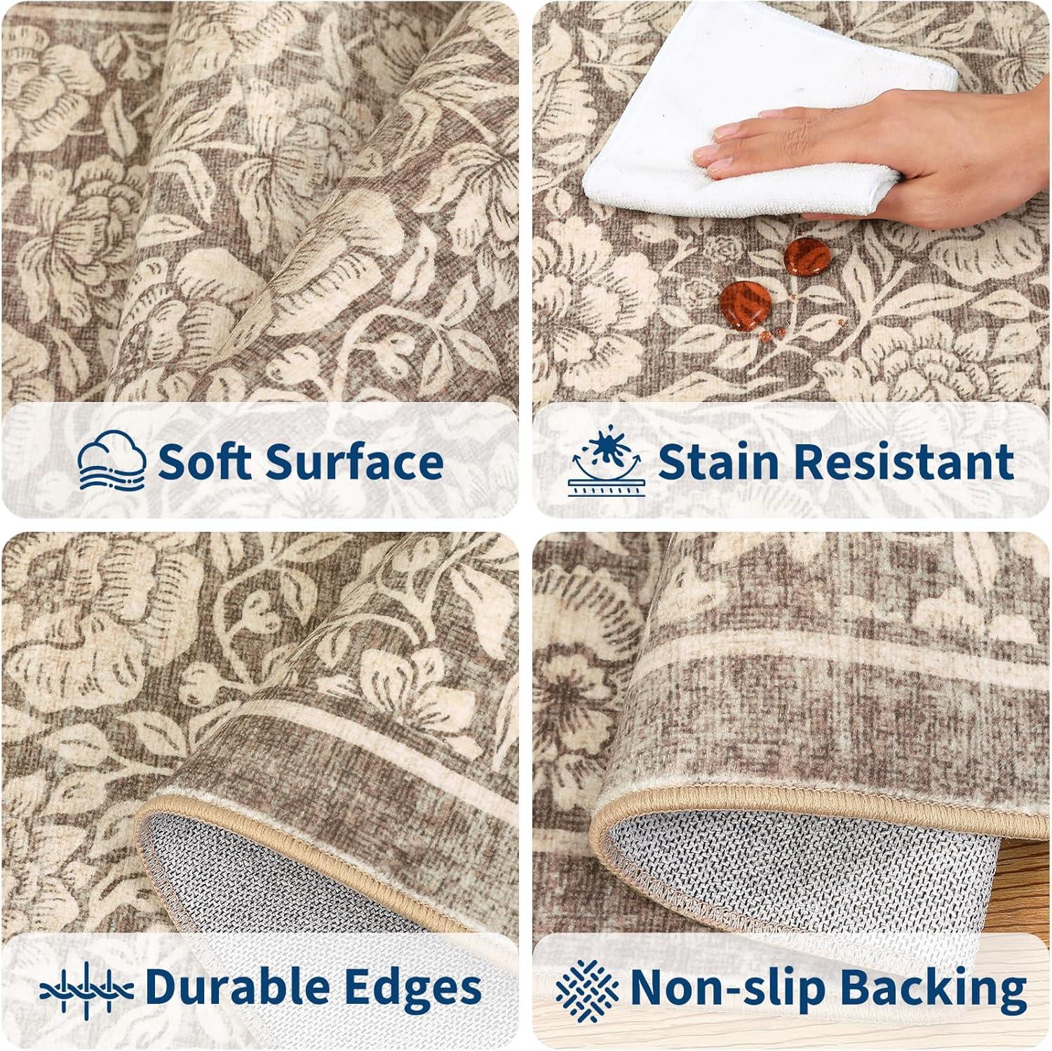 image:imageGarvee Blue Floral 2x6 Runner Rug Washable Boho NonSlip Runner Rugs for Kitchen Vintage Flower Soft Low Pile Kitchen Rugs for Hallway Girls Room Kids Room playroom DormBrown