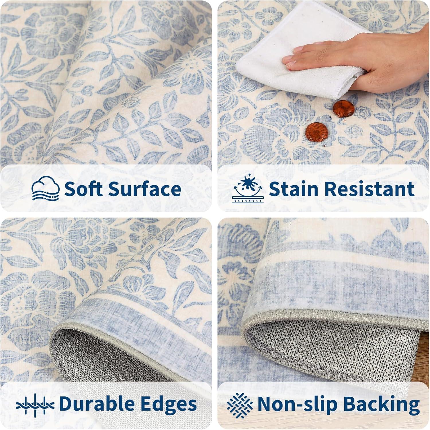 image:imageGarvee Blue Floral 2x6 Runner Rug Washable Boho NonSlip Runner Rugs for Kitchen Vintage Flower Soft Low Pile Kitchen Rugs for Hallway Girls Room Kids Room playroom DormBlue
