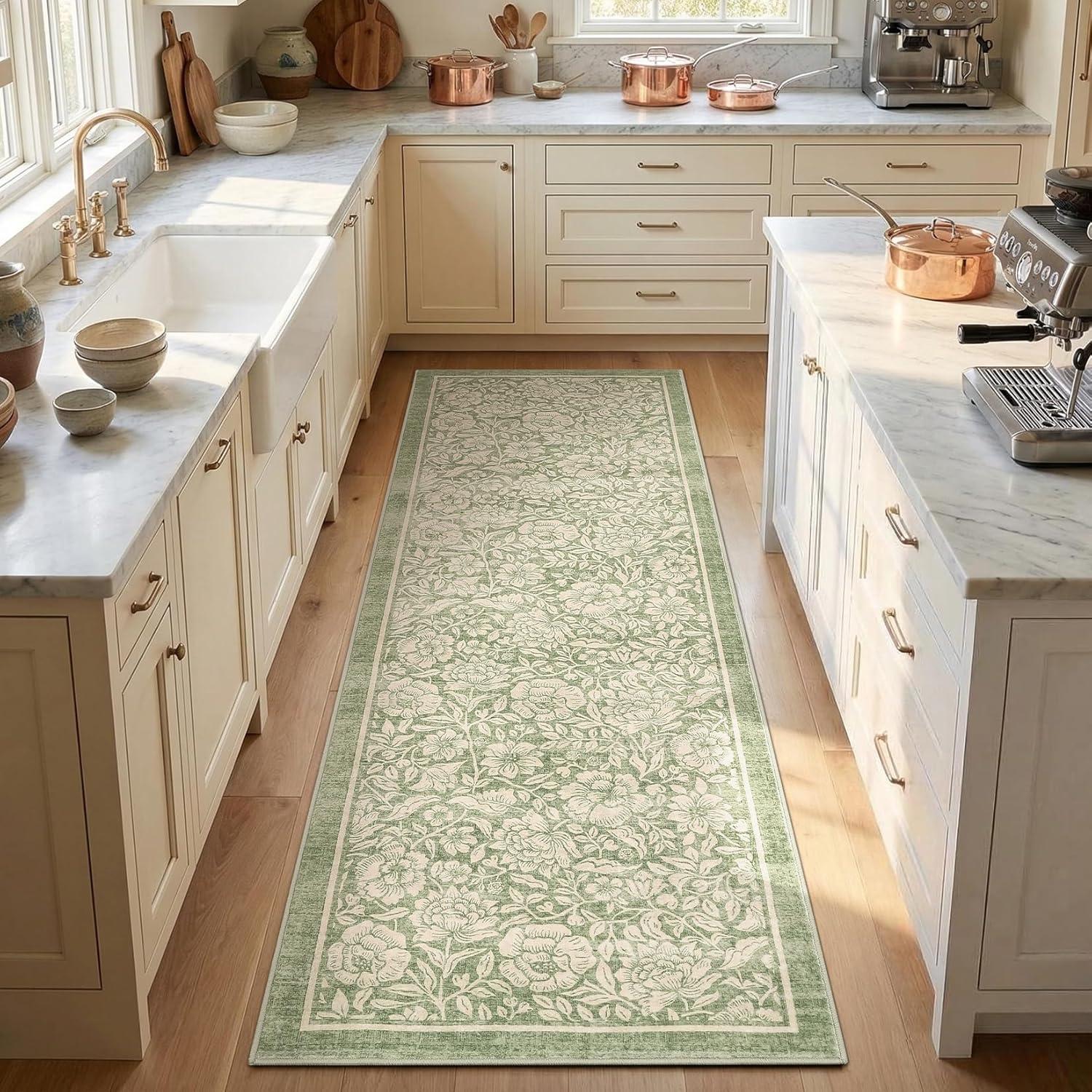 image:imageGarvee Blue Floral 2x6 Runner Rug Washable Boho NonSlip Runner Rugs for Kitchen Vintage Flower Soft Low Pile Kitchen Rugs for Hallway Girls Room Kids Room playroom DormGreen