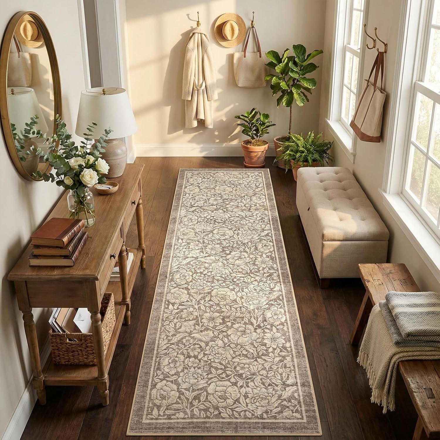 image:imageGarvee Blue Floral 2x6 Runner Rug Washable Boho NonSlip Runner Rugs for Kitchen Vintage Flower Soft Low Pile Kitchen Rugs for Hallway Girls Room Kids Room playroom DormBrown