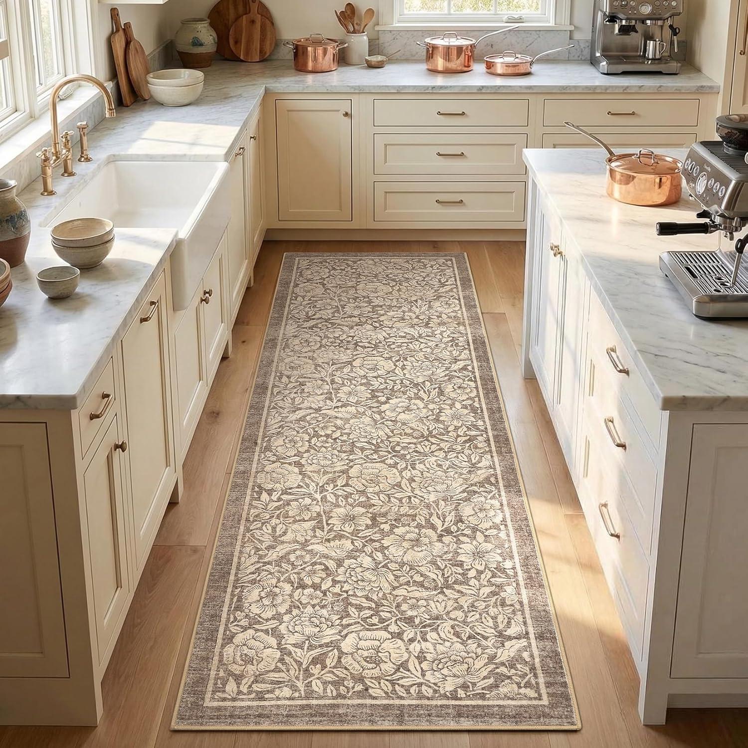 image:imageGarvee Blue Floral 2x6 Runner Rug Washable Boho NonSlip Runner Rugs for Kitchen Vintage Flower Soft Low Pile Kitchen Rugs for Hallway Girls Room Kids Room playroom DormBrown