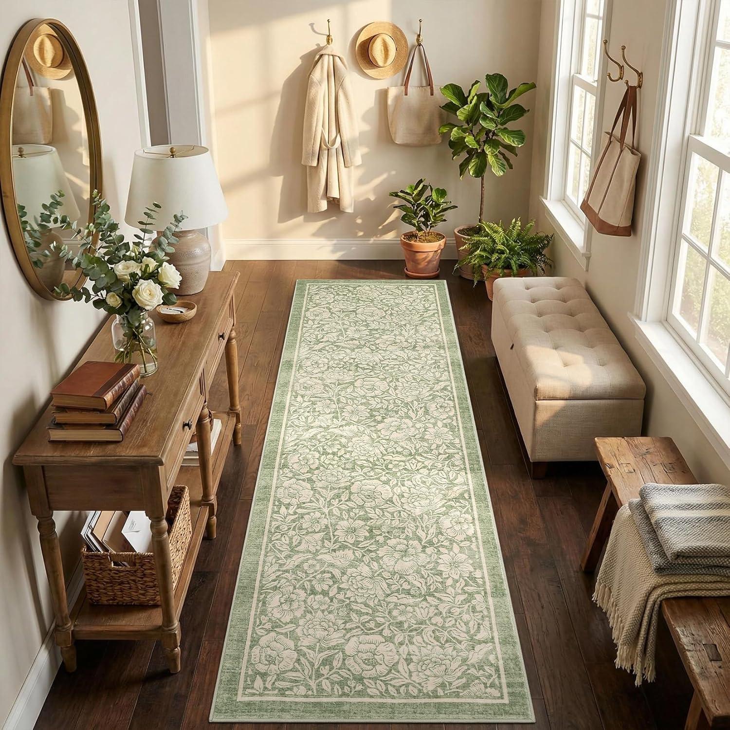 image:imageGarvee Blue Floral 2x6 Runner Rug Washable Boho NonSlip Runner Rugs for Kitchen Vintage Flower Soft Low Pile Kitchen Rugs for Hallway Girls Room Kids Room playroom DormGreen