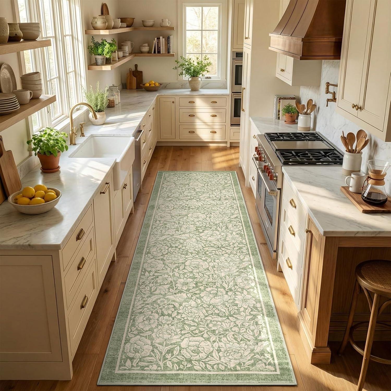 image:imageGarvee Blue Floral 2x6 Runner Rug Washable Boho NonSlip Runner Rugs for Kitchen Vintage Flower Soft Low Pile Kitchen Rugs for Hallway Girls Room Kids Room playroom DormGreen