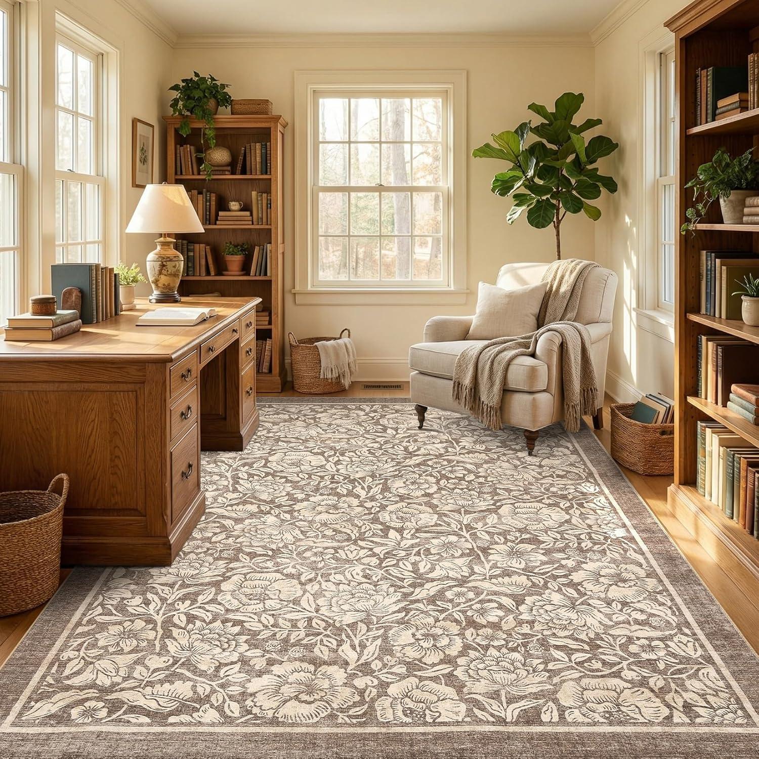 image:imageGarvee Blue Floral 2x6 Runner Rug Washable Boho NonSlip Runner Rugs for Kitchen Vintage Flower Soft Low Pile Kitchen Rugs for Hallway Girls Room Kids Room playroom DormBrown
