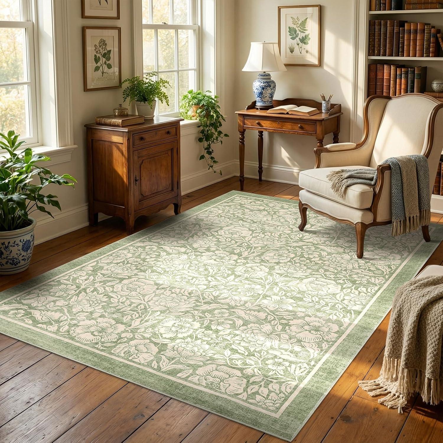 image:imageGarvee Blue Floral 2x6 Runner Rug Washable Boho NonSlip Runner Rugs for Kitchen Vintage Flower Soft Low Pile Kitchen Rugs for Hallway Girls Room Kids Room playroom DormGreen