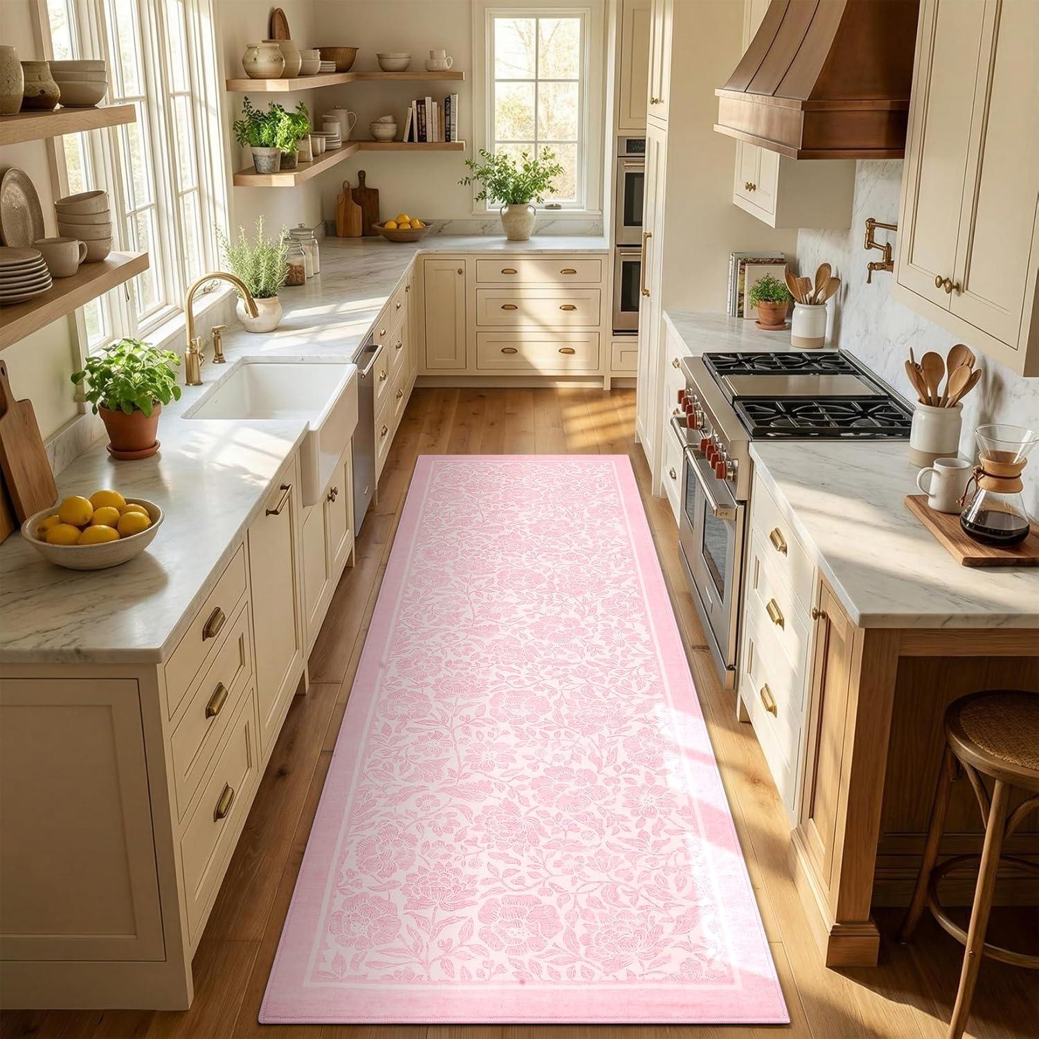 image:imageGarvee Blue Floral 2x6 Runner Rug Washable Boho NonSlip Runner Rugs for Kitchen Vintage Flower Soft Low Pile Kitchen Rugs for Hallway Girls Room Kids Room playroom DormPink