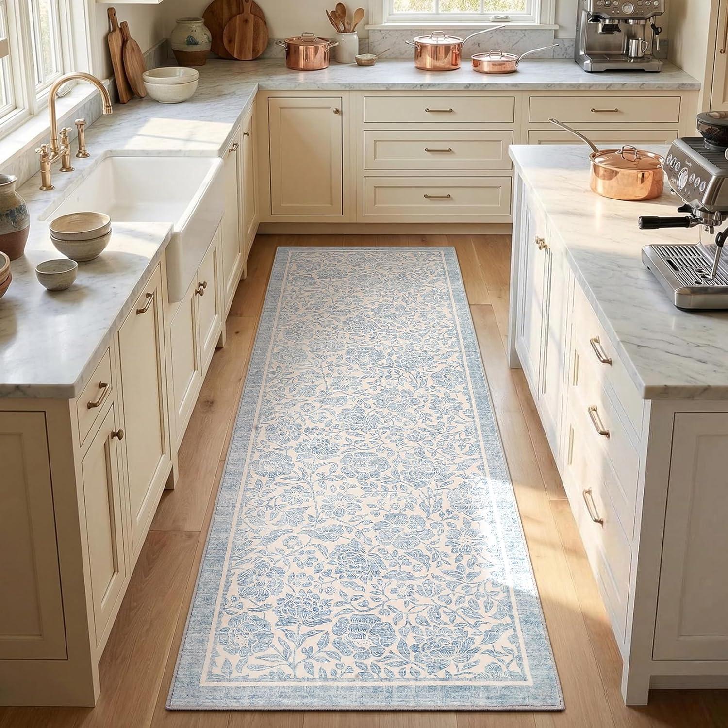 image:imageGarvee Blue Floral 2x6 Runner Rug Washable Boho NonSlip Runner Rugs for Kitchen Vintage Flower Soft Low Pile Kitchen Rugs for Hallway Girls Room Kids Room playroom DormBlue