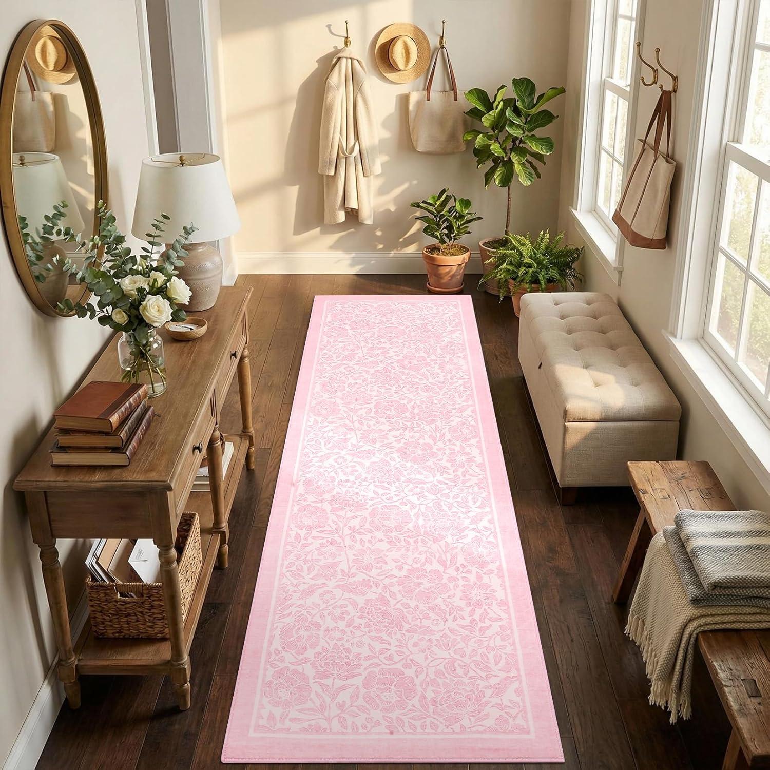 image:imageGarvee Blue Floral 2x6 Runner Rug Washable Boho NonSlip Runner Rugs for Kitchen Vintage Flower Soft Low Pile Kitchen Rugs for Hallway Girls Room Kids Room playroom DormPink