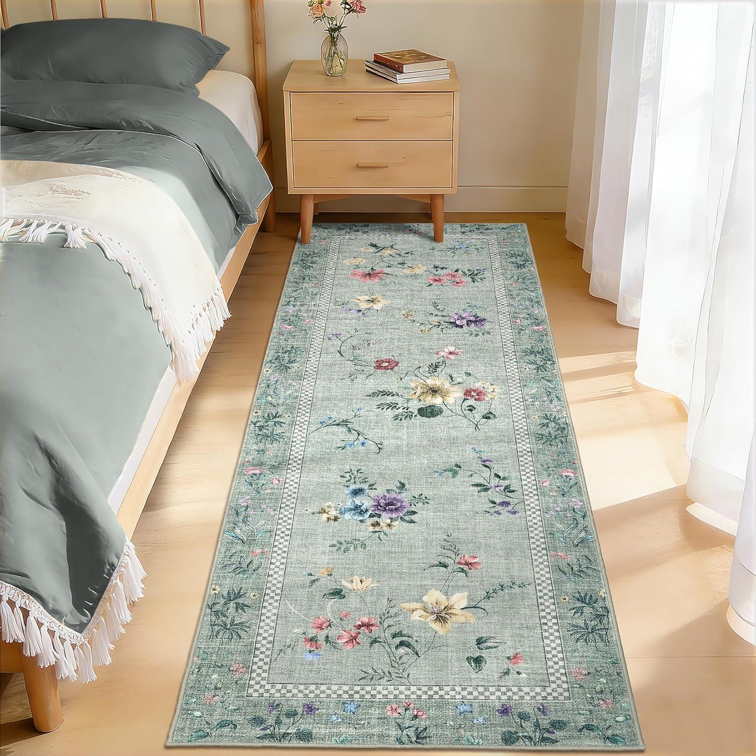 image:imageGarvee Floral Runner for Hallways Non Slip 2x6 Washable Kitchen Runner Rug Vintage Soft Ultra Thin Low Pile Carpet Mat for Girls Bedroom Bedside Laundry Bathroom Indoor Farmhouse Entryway Rugs PinkVintage Floralgreen