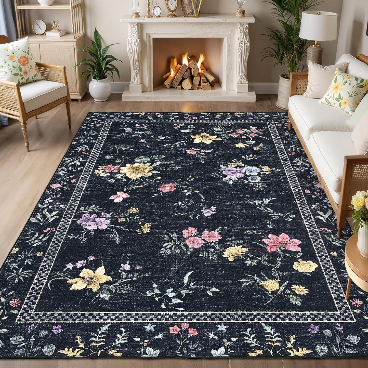 image:imageGarvee Floral Runner for Hallways Non Slip 2x6 Washable Kitchen Runner Rug Vintage Soft Ultra Thin Low Pile Carpet Mat for Girls Bedroom Bedside Laundry Bathroom Indoor Farmhouse Entryway Rugs PinkVintage Floralblack