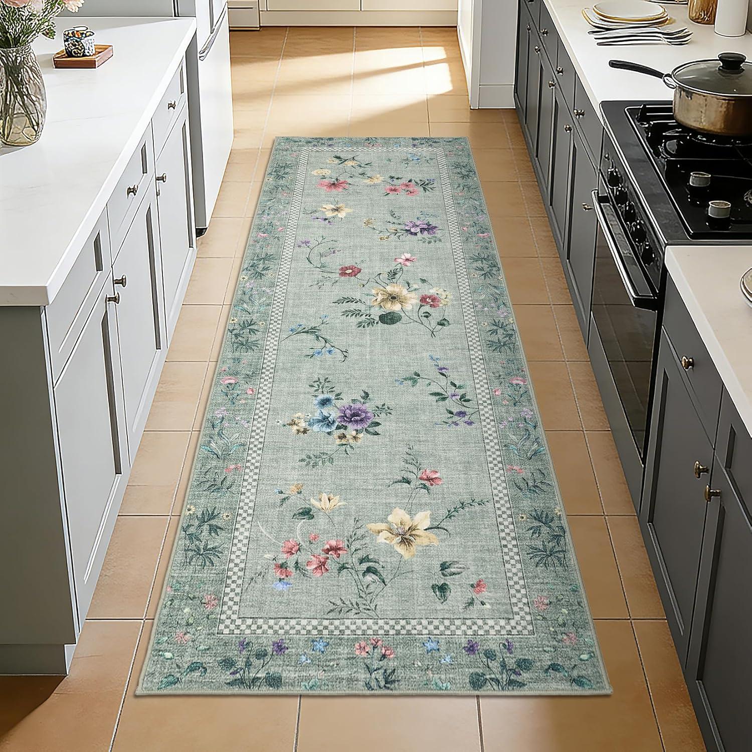 image:imageGarvee Floral Runner for Hallways Non Slip 2x6 Washable Kitchen Runner Rug Vintage Soft Ultra Thin Low Pile Carpet Mat for Girls Bedroom Bedside Laundry Bathroom Indoor Farmhouse Entryway Rugs PinkVintage Floralgreen