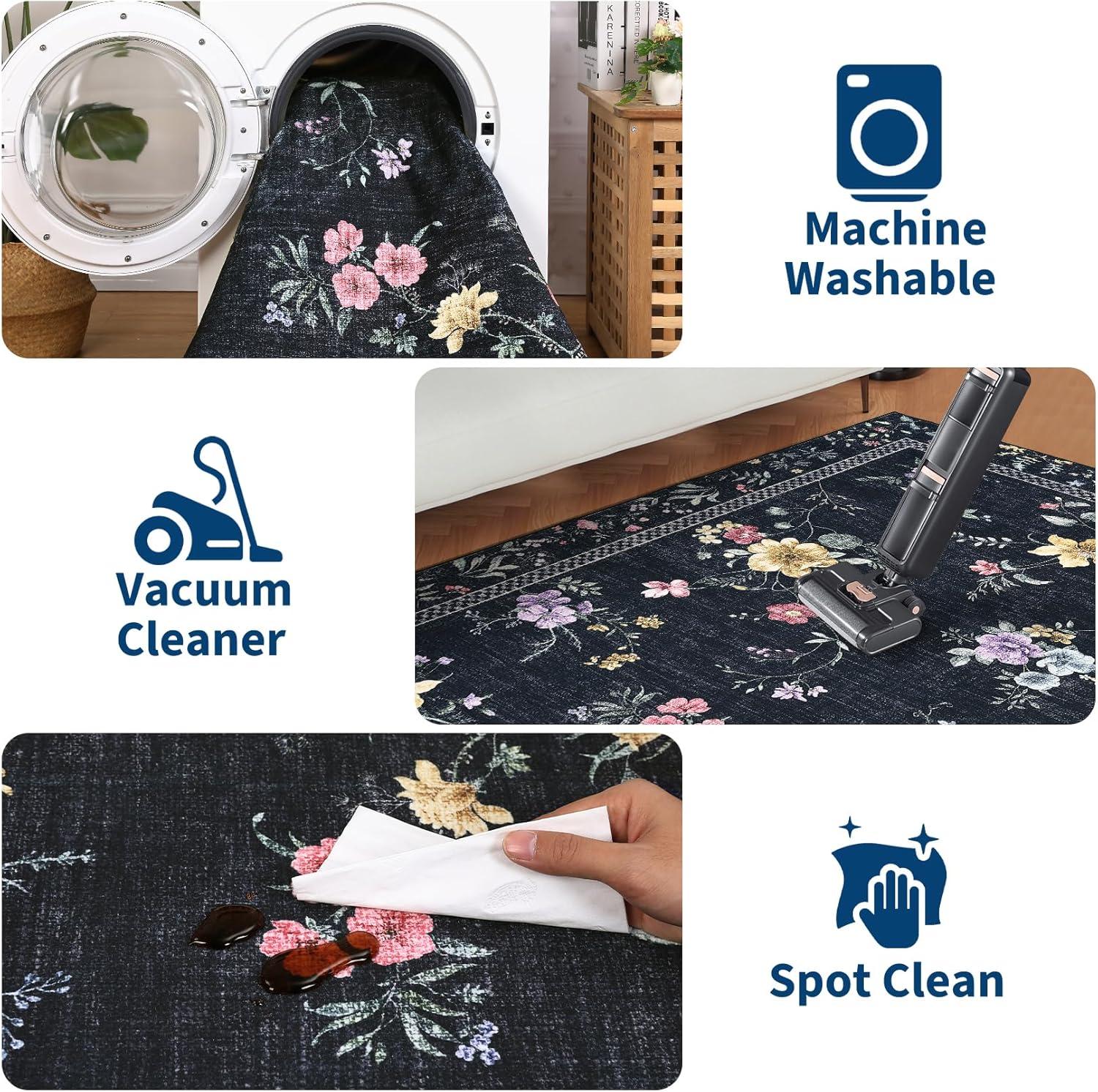 image:imageGarvee Floral Runner for Hallways Non Slip 2x6 Washable Kitchen Runner Rug Vintage Soft Ultra Thin Low Pile Carpet Mat for Girls Bedroom Bedside Laundry Bathroom Indoor Farmhouse Entryway Rugs PinkVintage Floralblack